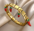 Geometric Square Stainless Steel Bangle Bracelet with Fruit Charm